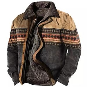 Men's Coat Fleece Lining With Pockets Daily Wear Vacation Going out Zipper Turndown Casual Daily Outdoor Comfort Jacket Outerwear Geometry Zipper Fleece Print Green Blue Yellow Lightinthebox