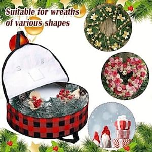 Christmas Wreath Storage Bag Round Buffalo Plaid Wreaths Storage Container Large Zippered Wreaths Holder Container With Handles For Xmas Holiday Party miniinthebox