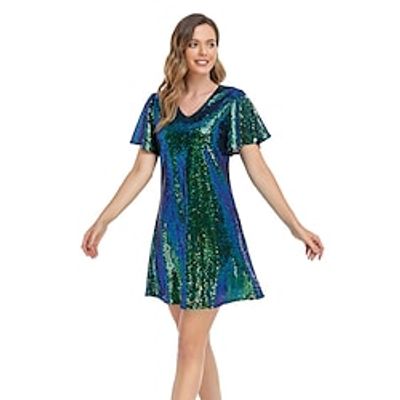 A-Line Cocktail Dresses Sparkle  Shine Dress Holiday Short  Mini Short Sleeve V Neck Sequined with Sequin 2022  Cocktail Party Lightinthebox