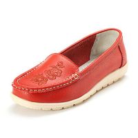 Flower Print Pure Color Flat Leather Slip On Casual Loafers