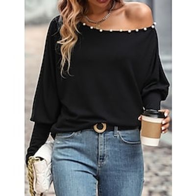 Shirt Blouse Women's Black Solid Color Beaded One Shoulder Street Daily Fashion One Shoulder Regular Fit S Lightinthebox