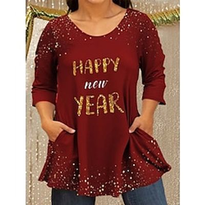 Women's New Year Plus Size Curve Casual Dress Winter Dress T Shirt Dress Tee Dress Letter Mini Dress Long Sleeve Print Pocket Crew Neck Fashion Outdoor Black Wine Fall Winter L XL 2XL 3XL 4XL Lightinthebox