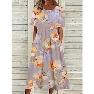 Women's Casual Dress Floral Dress Summer Dress Floral Pocket Print Crew Neck Midi Dress Active Fashion Outdoor Daily Short Sleeve Regular Fit White Purple Orange Summer Spring S M L XL XXL Lightinthebox