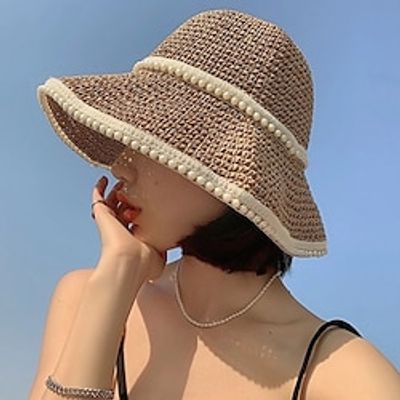 Faux Pearl Trim Straw Bucket Hat Elegant Solid Color Sun Hats Trendy Foldable Travel Beach Hats For Women Girls Lightinthebox