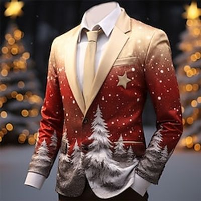 Christmas Tree Business Men's Coat Blazer Christmas Work Wear to work Fall  Winter Turndown Long Sleeve Light Green Wine Red S M L Polyester Weaving Jacket miniinthebox