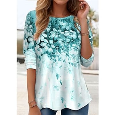 Women's T shirt Tee Floral Light Green Royal Blue Blue Print Long Sleeve Casual Holiday Fashion Round Neck Regular Fit Spring   Fall Lightinthebox