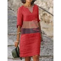 Women's Shift Dress Green Blue Yellow 3/4 Length Sleeve Floral Patchwork Fall Spring Autumn V Neck Loose Fit 2022 S M L XL XXL 3XL miniinthebox - thumbnail