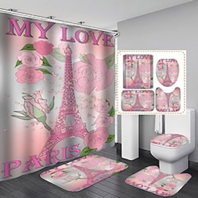 4 Pcs Valentines Day Shower Curtain Sets Non-Slip Rugs Bath Mat Toilet Cover U Shaped Mat paris eiffel tower  Shower Curtain with 12 Hooks Red Rose Valentine's Day Bathroom Set Lightinthebox