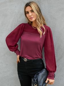 YOINS Burgundy Patchwork Crew Neck Long Sleeves Blouse
