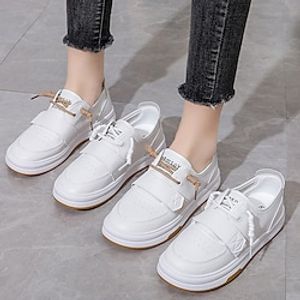 Women's Sneakers Outdoor Daily White Shoes Buckle Lace-up Flat Heel Round Toe Casual Minimalism Walking Shoes PU Leather Elastic Band Solid Colored White  Brown White Lightinthebox