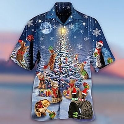 Cat Christmas Tree Casual Men's Shirt Daily Wear Going out Weekend Fall  Winter Cuban Collar Short Sleeves Blue S, M, L 4-Way Stretch Fabric Shirt Christmas Lightinthebox