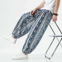 Men's Joggers Trousers Summer Pants Beach Pants Baggy Harem Pants Elastic Waist Print Comfort Breathable Casual Daily Beach Hippie Yoga White Blue Micro-elastic miniinthebox - thumbnail