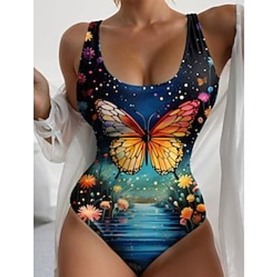 Women's Swimwear One Piece Normal Swimsuit Printing Butterfly Red Blue Purple Green Bodysuit Bathing Suits Sports Beach Wear Holiday Lightinthebox