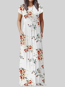 Round Neck Patch Pocket Floral Printed Maxi Dress