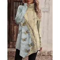 Women's T shirt Tee Yellow Pink Blue Butterfly Asymmetrical Print Long Sleeve Daily Weekend Fashion High Neck Regular Fit Butterfly Painting Spring   Fall Lightinthebox