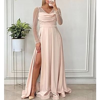 A-Line Evening Gown Elegant Dress Prom Fall Sweep  Brush Train Long Sleeve V Neck Satin with Sequin Slit 2023 Lightinthebox