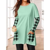 Women's T shirt Tee Plaid Striped Blue Green Print Pocket Long Sleeve Daily Weekend Fashion Round Neck Regular Fit Spring   Fall Lightinthebox - thumbnail