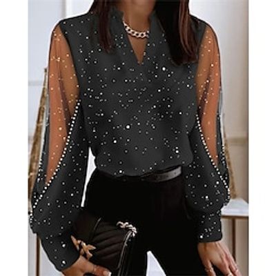 Women's Shirt Blouse Polka Dot Black Print Mesh Patchwork Long Sleeve Casual Fashion V Neck Regular Fit Spring   Fall Lightinthebox