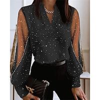 Women's Shirt Blouse Polka Dot Black Print Mesh Patchwork Long Sleeve Casual Fashion V Neck Regular Fit Spring   Fall Lightinthebox - thumbnail