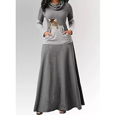 Women's Sheath Dress Swing Dress Maxi long Dress Gray Long Sleeve Cat Print Fall Winter Boat Neck Casual Modern 2022 S M L XL 2XL 3XL Lightinthebox