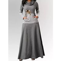 Women's Sheath Dress Swing Dress Maxi long Dress Gray Long Sleeve Cat Print Fall Winter Boat Neck Casual Modern 2022 S M L XL 2XL 3XL Lightinthebox - thumbnail