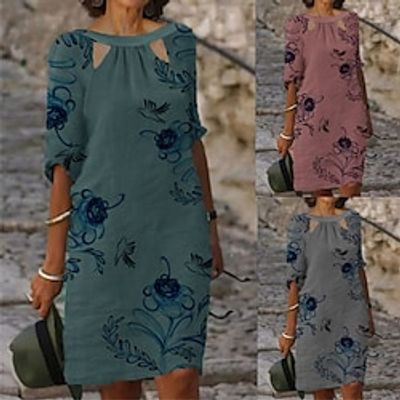 Women's Casual Dress Shift Dress Summer Dress Floral Cut Out Print Crew Neck Midi Dress Fashion Basic Outdoor Daily Half Sleeve Loose Fit Pink Dark Green Gray Summer Spring S M L XL XXL Lightinthebox