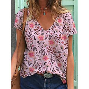Women's T shirt Floral Graphic Print V Neck Tops Basic Beach Basic Top Blue Purple Blushing Pink miniinthebox