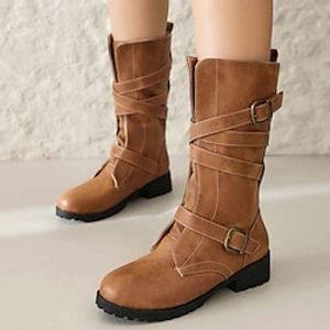 Women's Boots Motorcycle Boots Plus Size Work Boots Outdoor Daily Mid Calf Boots Buckle Flat Heel Round Toe Vintage Casual Minimalism Faux Leather Zipper Solid Color Black Army Green Brown Lightinthebox