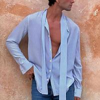 Men's Shirt Button Up Shirt Casual Shirt Summer Shirt Beach Shirt Light Blue Long Sleeve Stripes Lapel Hawaiian Holiday Button-Down Clothing Apparel Fashion Casual Comfortable Lightinthebox