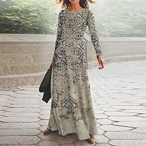 Women's Casual Dress Ethnic Dress Swing Dress Long Dress Maxi Dress Blue Long Sleeve Floral Pocket Winter Fall Autumn V Neck Vacation Winter Dress Fall Dress 2023 S M L XL XXL 3XL miniinthebox