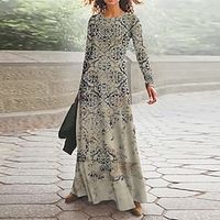 Women's Casual Dress Ethnic Dress Swing Dress Long Dress Maxi Dress Blue Long Sleeve Floral Pocket Winter Fall Autumn V Neck Vacation Winter Dress Fall Dress 2023 S M L XL XXL 3XL miniinthebox - thumbnail