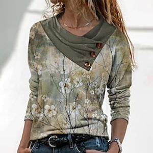Women's T shirt Tee Green Floral Button Print Long Sleeve Casual Holiday Basic V Neck Regular Floral Painting S Lightinthebox