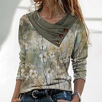 Women's T shirt Tee Green Floral Button Print Long Sleeve Casual Holiday Basic V Neck Regular Floral Painting S Lightinthebox - thumbnail