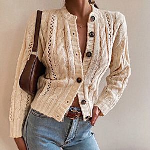 Women's Knitted Solid Color Cardigan Acrylic Fibers Long Sleeve Sweater Cardigans V Neck Fall Winter Beige Lightinthebox