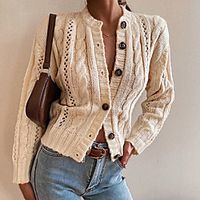 Women's Knitted Solid Color Cardigan Acrylic Fibers Long Sleeve Sweater Cardigans V Neck Fall Winter Beige Lightinthebox - thumbnail