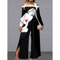 Women's Jumpsuit Split High Waist Floral Cold Shoulder Streetwear Office Work Regular Fit Long Sleeve Black White Yellow S M L Fall Lightinthebox - thumbnail