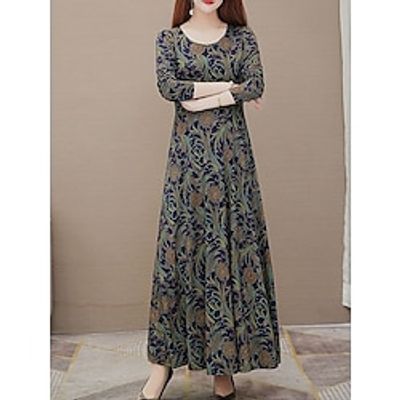 Women's Prom Dress Party Dress Cocktail Dress Long Dress Maxi Dress Blue Green Long Sleeve Floral Print Spring Fall Winter Crew Neck Fashion Winter Dress Wedding Guest Birthday 2023 M L XL XXL 3XL Lightinthebox