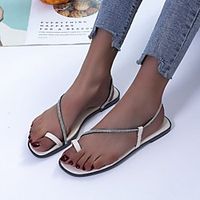 Women's Sandals Flat Heel Round Toe PU Rhinestone Solid Colored White Black miniinthebox - thumbnail
