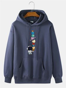 Men Casual Astronaut Planet Print Kangaroo Pocket Long Sleeve Hoodie