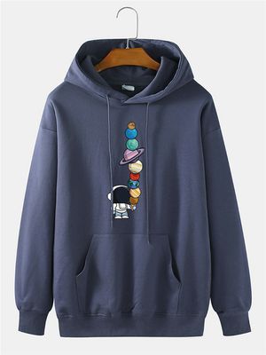 Men Casual Astronaut Planet Print Kangaroo Pocket Long Sleeve Hoodie