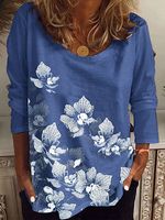 Round Neck Floral Print Loose Long-sleeved T-shirt