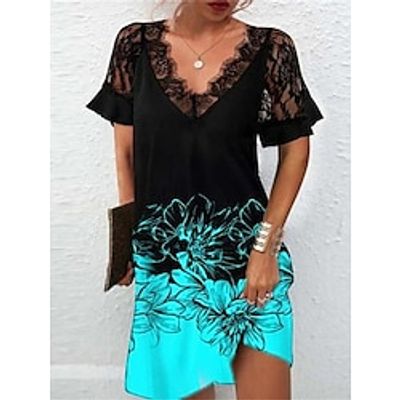 Women's Casual Dress Shift Dress Print Dress Floral Lace Print V Neck Mini Dress Fashion Outdoor Daily Short Sleeve Loose Fit Black White Pink Spring Summer S M L XL XXL Lightinthebox