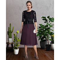 Two Piece A-Line Mother of the Bride Dress Elegant Jewel Neck Knee Length Chiffon Lace Half Sleeve with Appliques Color Block 2021 Lightinthebox - thumbnail