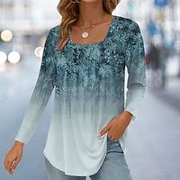 Women's T shirt Tee Floral Pink Purple Green Print Long Sleeve Casual Holiday Fashion Square Neck Regular Fit Spring   Fall Lightinthebox - thumbnail