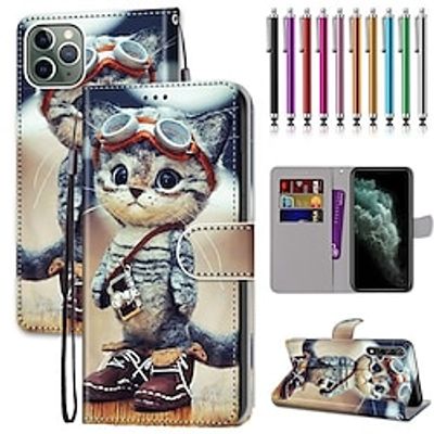 Phone Case For iPhone 15 Pro Max Plus iPhone 14 13 12 11 Pro Max Plus Mini Wallet Case with Wrist Strap Kickstand Card Slot Cat TPU PU Leather miniinthebox