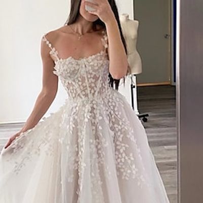Beach Boho Wedding Dresses A-Line Square Neck Sleeveless Sweep  Brush Train Chiffon Bridal Gowns With Embroidery Appliques 2023 Lightinthebox