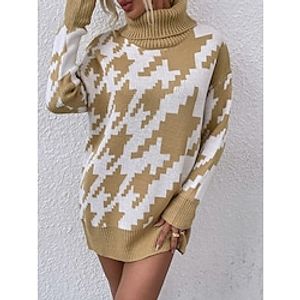Women's Sweater Dress Jumper Dress Winter Dress Mini Dress Warm Plaid Outdoor Casual Daily Going out Turtleneck Long Sleeve 2023 Loose Fit Black Blue khaki S M L XL Lightinthebox