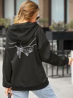 YOINS Black Graphic Drawstring Long Sleeves Hoodie - thumbnail