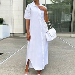 Women's Shirt Dress Long Dress Maxi Dress White Short Sleeve Pure Color Button Spring Summer Shirt Collar Loose Fit 2023 S M L XL XXL miniinthebox