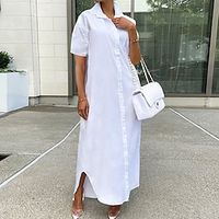 Women's Shirt Dress Long Dress Maxi Dress White Short Sleeve Pure Color Button Spring Summer Shirt Collar Loose Fit 2023 S M L XL XXL miniinthebox - thumbnail